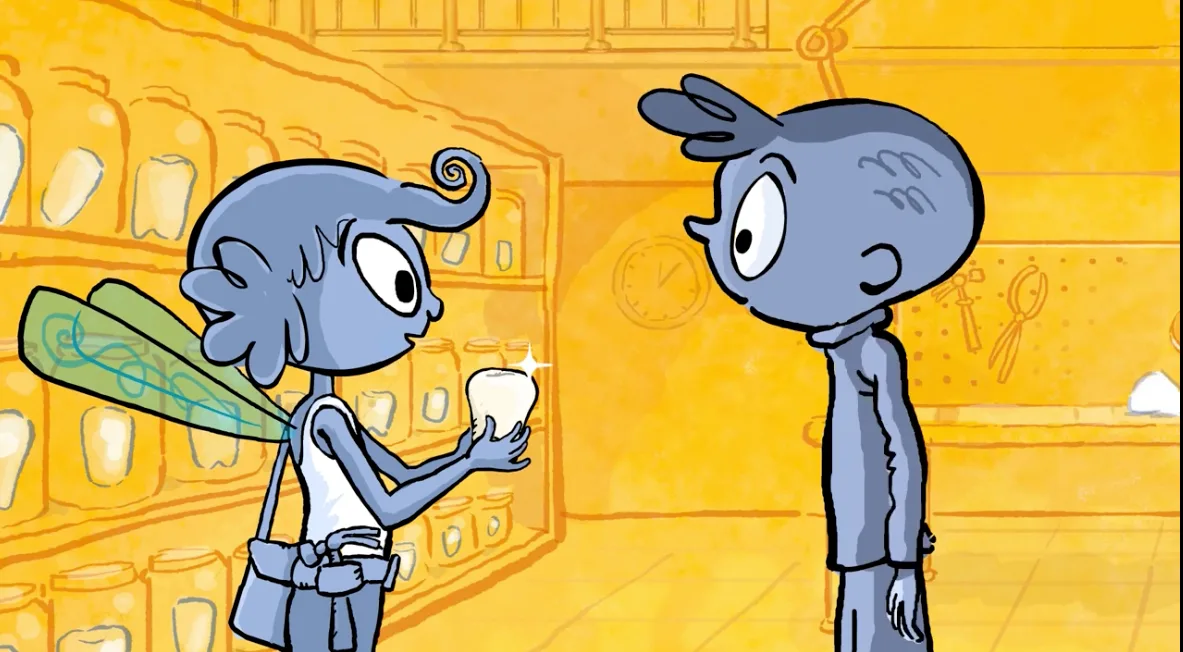 CeCe the Tooth Fairy showing Arlo a glowing tooth inside her workshop lined with jars of teeth, from The Tooth Fairy's Secret Workshop