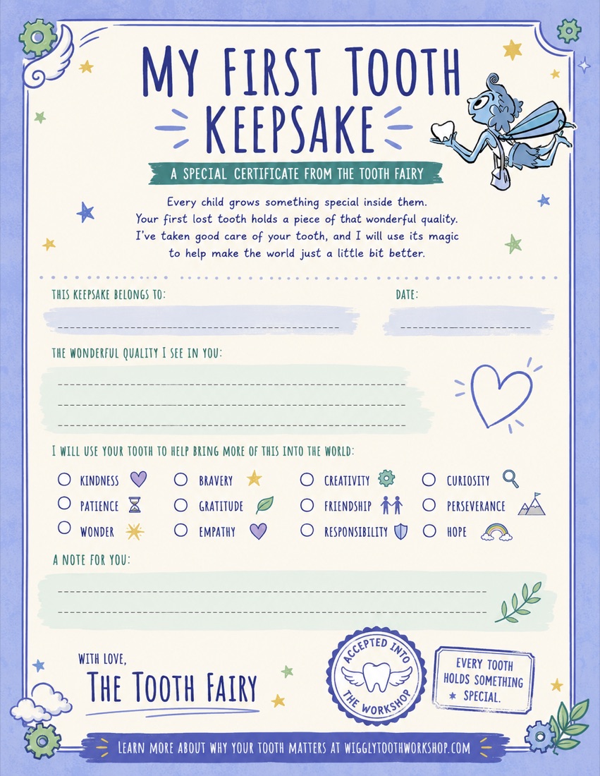 Printable Tooth Fairy certificate - 'My First Tooth Keepsake', a first tooth certificate the Tooth Fairy leaves behind naming the special quality she found inside the child's tooth