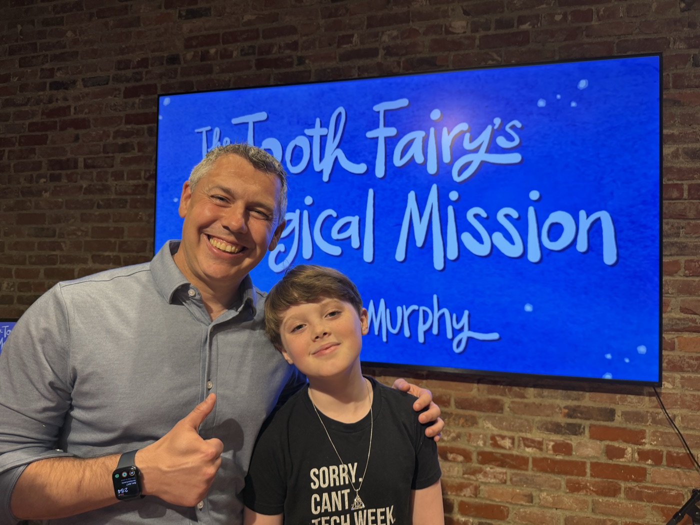 Gerard Murphy and Andreas Branigan, the voice of Arlo, together after the premiere of The Tooth Fairy's Secret Workshop in Dedham