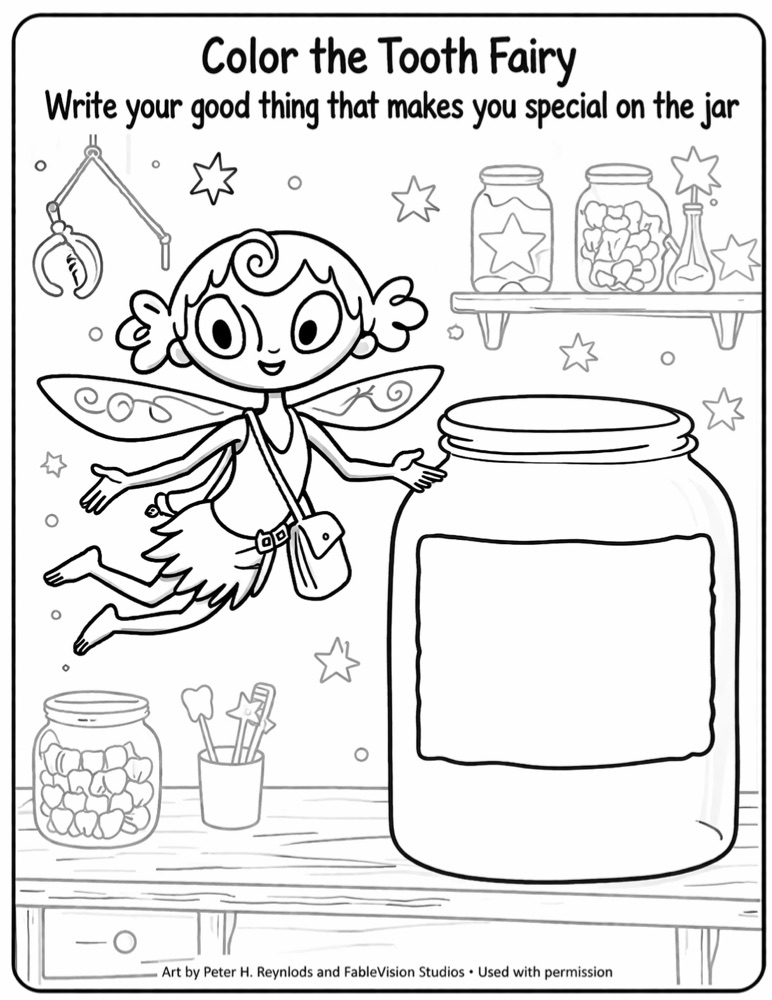 Printable tooth fairy coloring page showing the Tooth Fairy in her workshop, with a jar for children to label with a quality they are growing