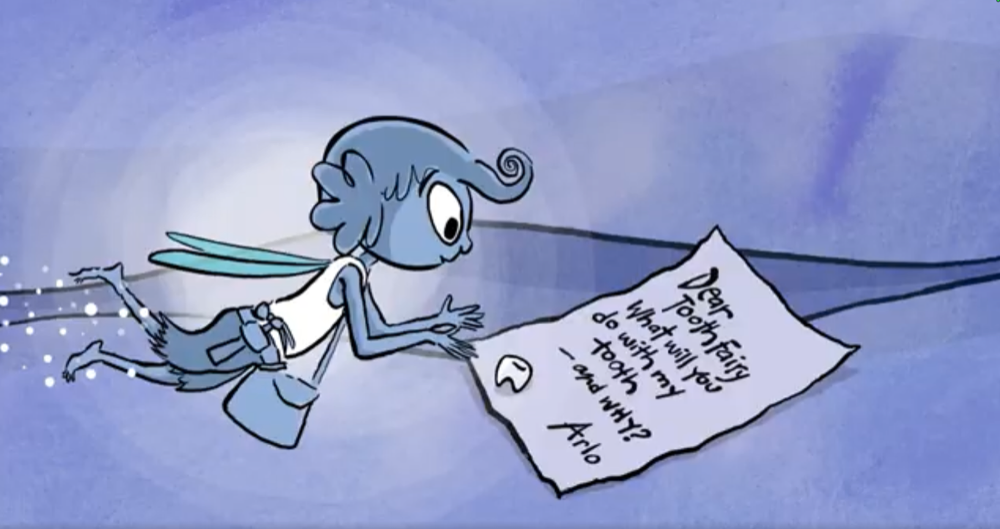 The Tooth Fairy flying through the night sky carrying a child's letter and tooth, from The Tooth Fairy's Secret Workshop