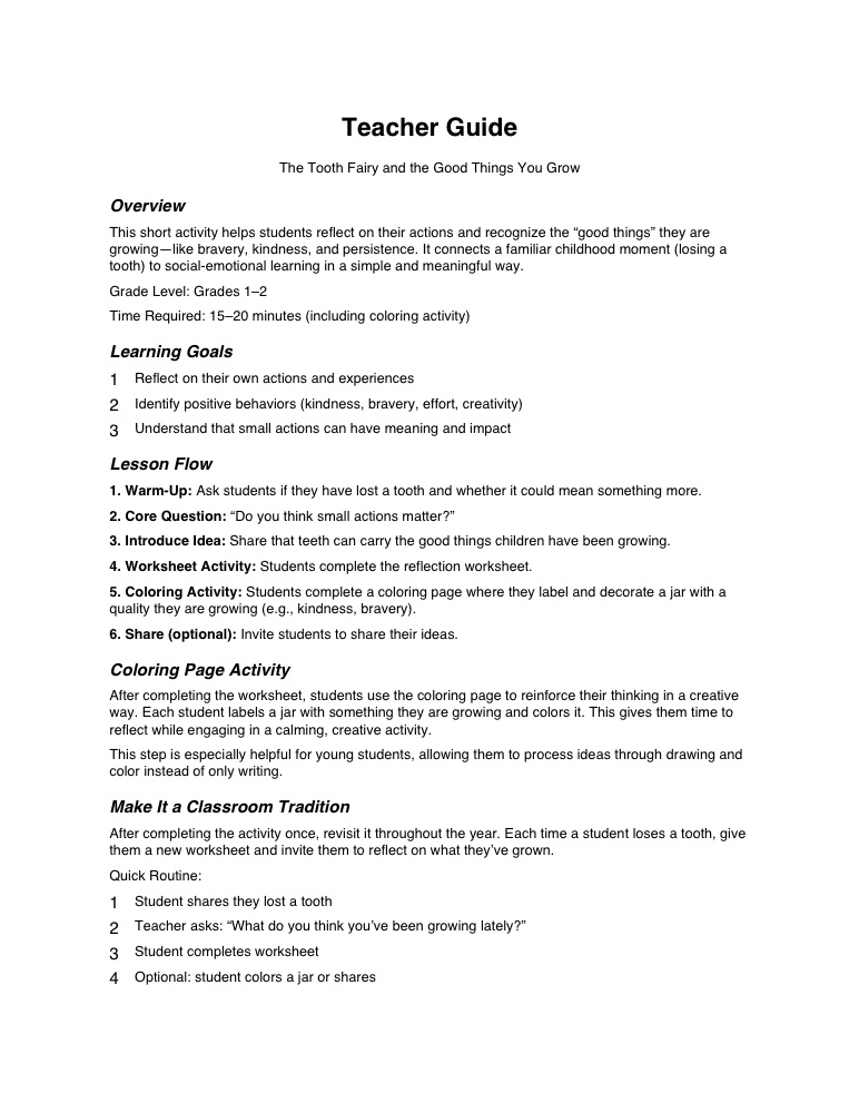 Tooth fairy teacher guide, a two-page low-prep SEL lesson plan for grades 1 and 2 with discussion prompts and social-emotional learning goals