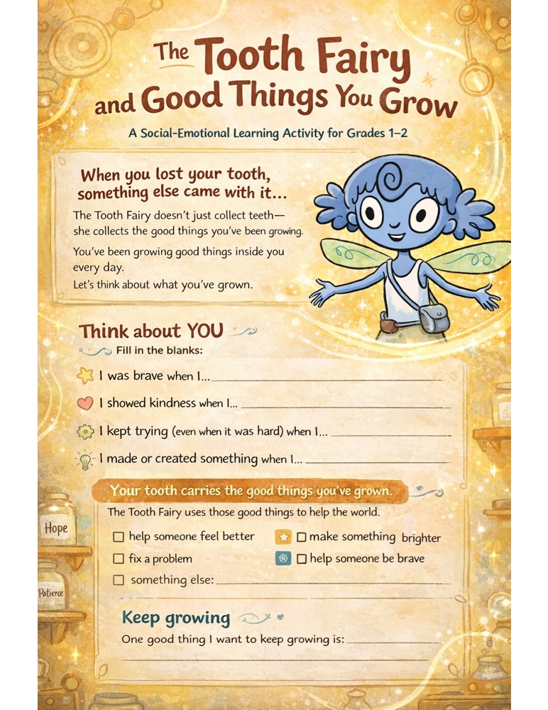 Tooth fairy SEL worksheet for grades 1 and 2, a printable reflection activity where children identify qualities they have been growing like bravery and kindness