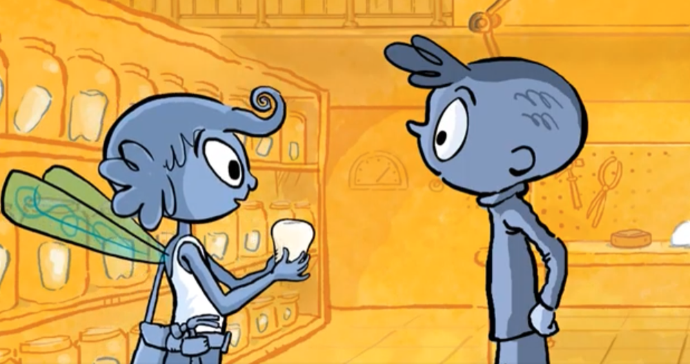 The Tooth Fairy holding a collected tooth inside her workshop lined with labeled jars, from The Tooth Fairy's Secret Workshop